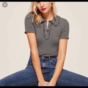 Reformation Martha ribbed knit polo top black XS